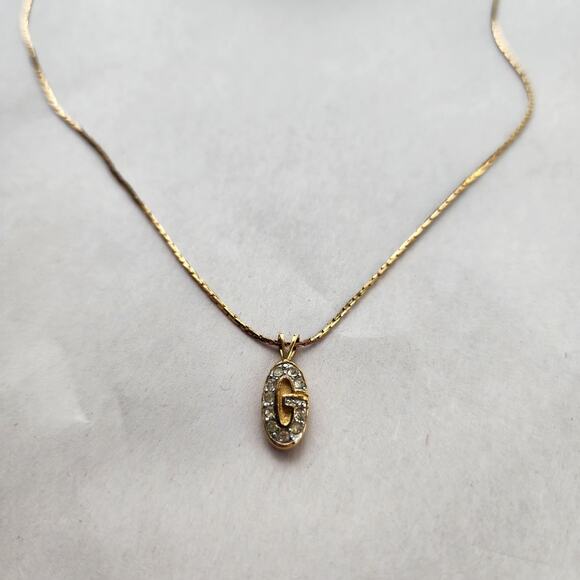 Authentic VTG Givenchy Signed Logo G Pendant Necklace Gold Crystal Rhinestone - Picture 4 of 10